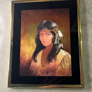 Vintage Foil Art Etchings Native American Woman made USA framed 10”x 8”